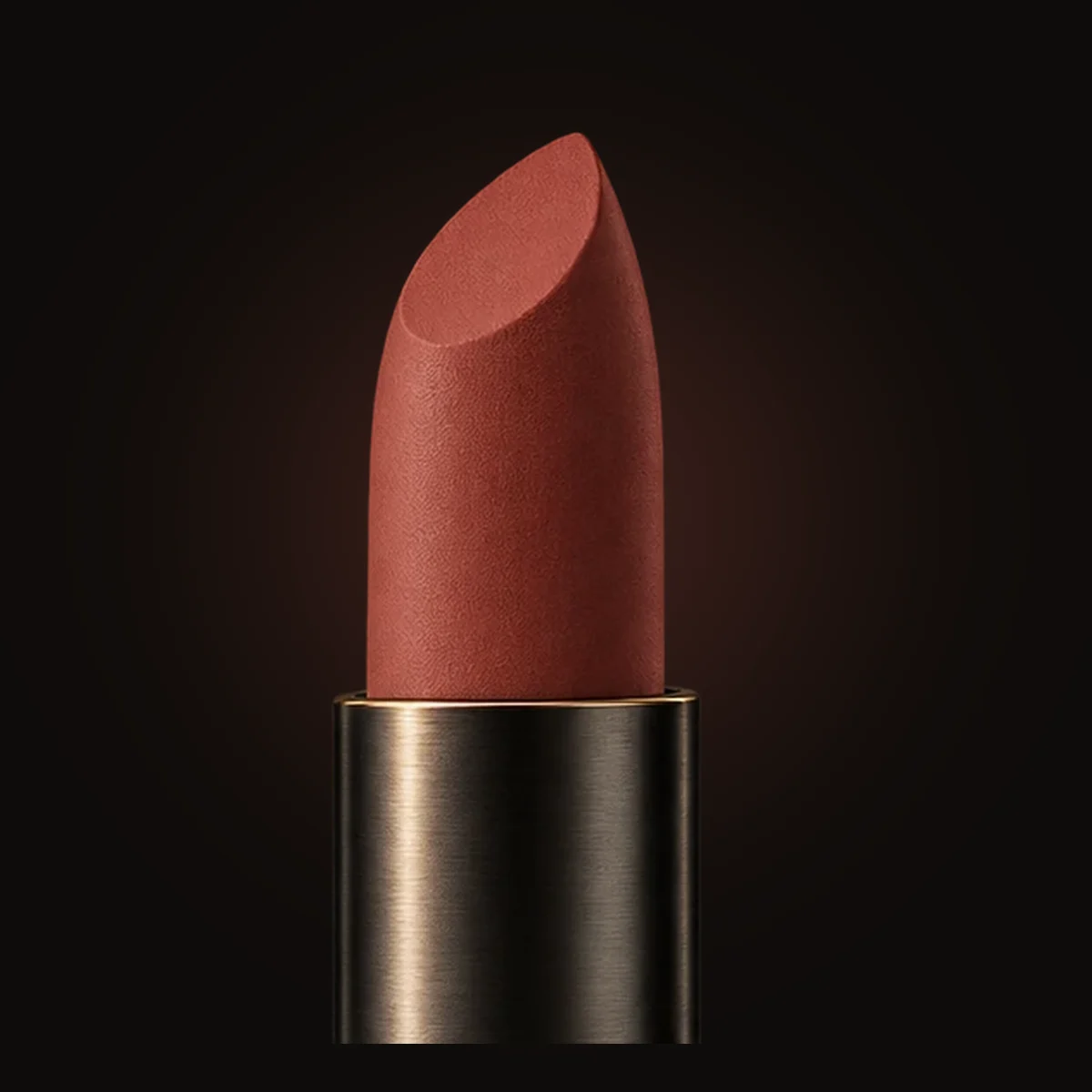 Close-up of the angled velvet matte bullet in No. 04 Brick Ember